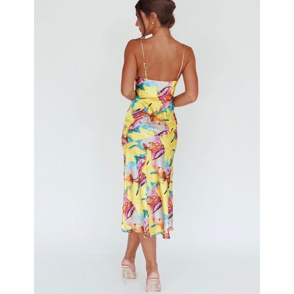 One and Only Collective Y2K Yellow Floral/Leaf‎ Print Cowl Neck Satin Midi Sz L - Picture 2 of 12